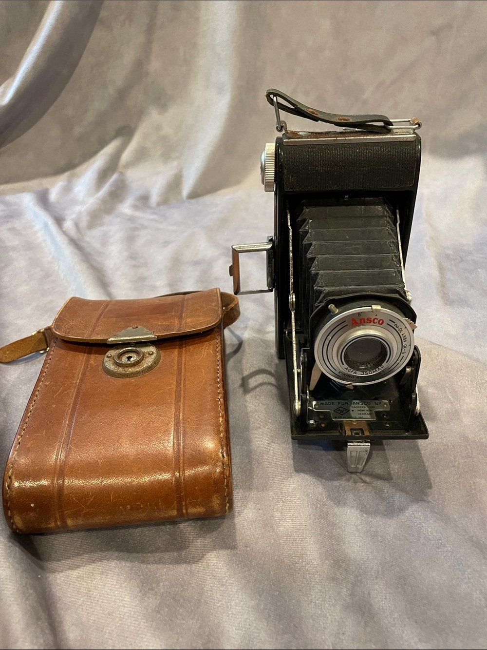 Ansco Bellows Film Camera in Black with Brown Leather Case